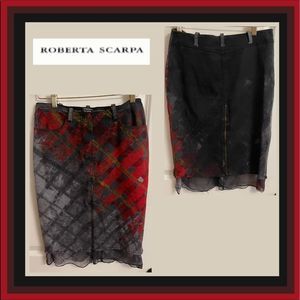 Roberta Scarpa Made In Italy Silk Blend Zipper Black/Gray/Red Jean Skirt Size 8